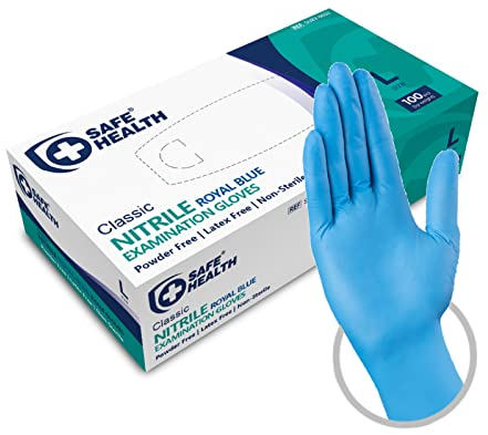Safe Health Gants Jetables d'examen en Nitrile Taille L Bleu, Boîte de 100 gants, Sans poudre Sans latex Hypoallergéniques, CE EN455 Certifiés, Soins médicaux Aliments, 3,5 Mil