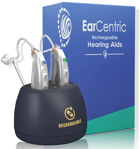 [Silver] EarCentric EasyCharge Rechargeable Hearing Aids (Pair) for Seniors, Behind-The-Ear BTE Ear Aid PSAP digital Personal sound amplification products devices with Noise Cancellation