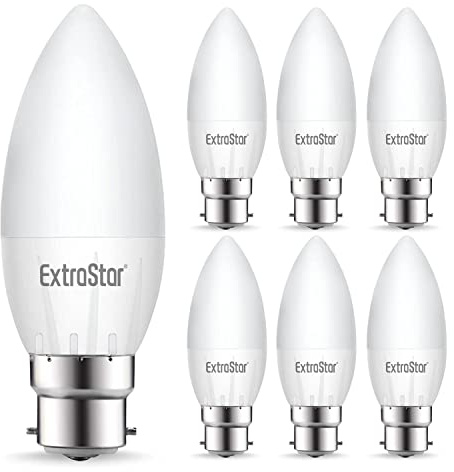 EXTRASTAR 4.9W B22 LED Bayonet Cap Candle Bulbs C37 Light Bulb, 41W Equivalent, Warm White 3000K Energy Saving, 480LM, Non-Dimmable, Pack of 6