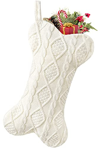 Malier Dog Christmas Stocking, Knit White Christmas Stocking for Dogs, Bone Shape Dog Stocking Christmas Large Pet Stockings Hanging Dog Christmas Stocking for Dogs Cats Pets (White)