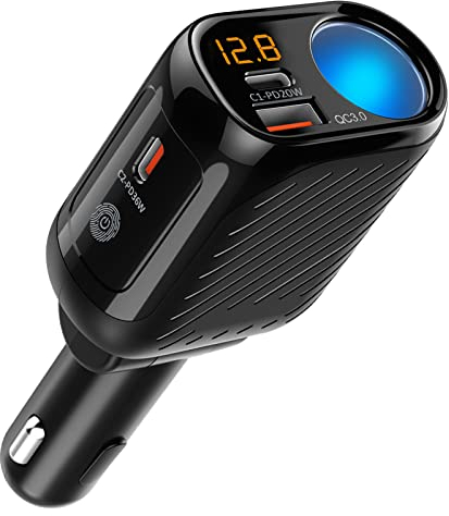 USB C Auto Ladegerät Zigarettenanzünder Verteiler Adapter Splitter Typ C KFZ Ladegerät 120W DC 12V-24V, Dual PD3.0 & QC3.0 USB C Auto Ladegerät, mit LED Voltmeter und Touch Schalter