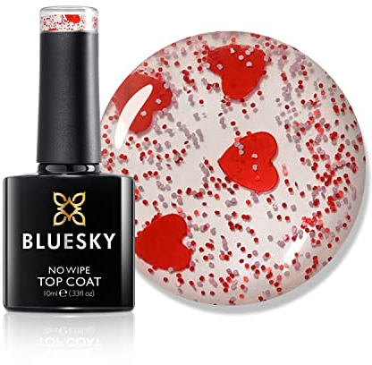 Bluesky Gel Nail Polish, Queen of Hearts No Wipe Top Coat, Clear with Red Heart Pieces, Long Lasting, Chip Resistant, 10 ml (Requires Curing Under UV LED Lamp)