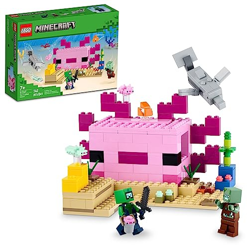 LEGO Minecraft 21247 Das Axolotl-Haus, Bauspielzeug-Set, kreative Abenteuer auf einer bunten Unterwasserbasis, enthält einen Taucher-Entdecker, Delphin, Ertrunkene und mehr, Minecraft-Spielzeug für