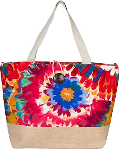 styleBREAKER Damen XXL Strandtasche Blumen Muster | 56x36x18 cm, Hauptfach mit Knebelknopf und extra Innenfach, seitliche Karabiner, 63 cm lange gewebte Stoff-Tragehenkel.
