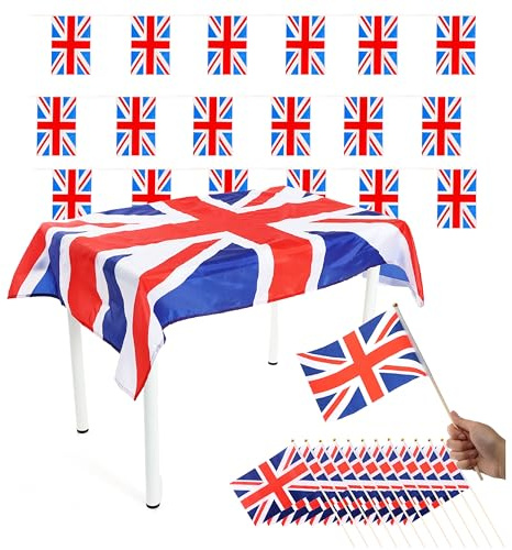 I LOVE FANCY DRESS VE Day Union Jack Decoration Set - 5ft x 3ft Union Jack Tablecloth, Union Jack Bunting and 12x Union Jack Hand-Waving Flags - King's Coronation Street Party Decoration Set