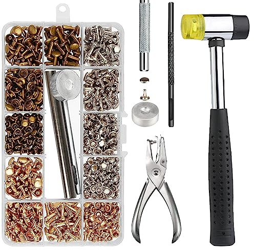 360 Sätze Leder Nieten Set: Nizirioo 3 Farben Doppelkapp nieten für Leder, 3 Größen Hohlnieten Set mit Gummihammer, Ledernieten, Druckknopf Set mit Zange für DIY Handwerk Reperatur Nähen, Handgemacht