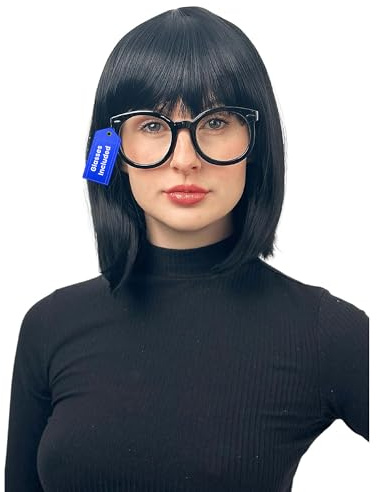 ALLAURA Incredible Edna Mode Wig and Glasses - Black Flapper Bob with Bangs 20s Costume 1920s Flapper Wigs for Women - Girl Halloween Cosplay Costume Wig for Women