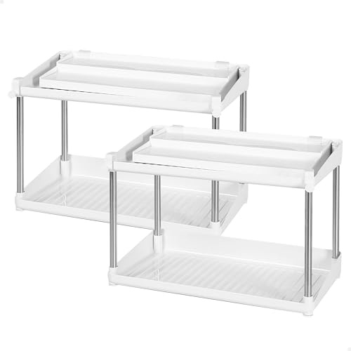 AKTIVE Max Home Pack 2 organizadores de especias de dos alturas, Con bandeja extraíble, 37,5x19x25,5 cm, Blanco y gris, Estante especiero, Organizador botes pequeños cocina (16555)