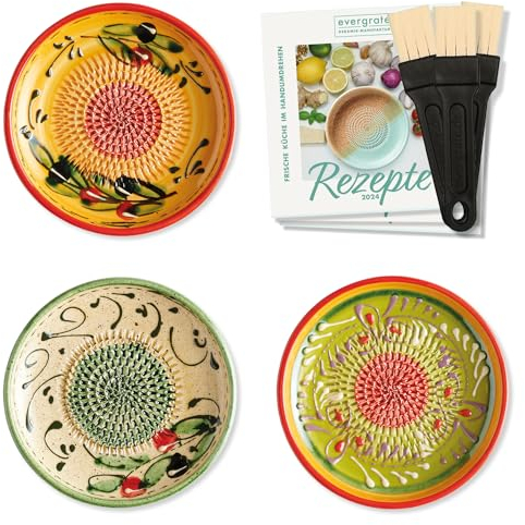 evergrate Keramikreibe 3er Verschenkset - Juan, Diego, Duna mit Küchenpinseln und Rezeptheften