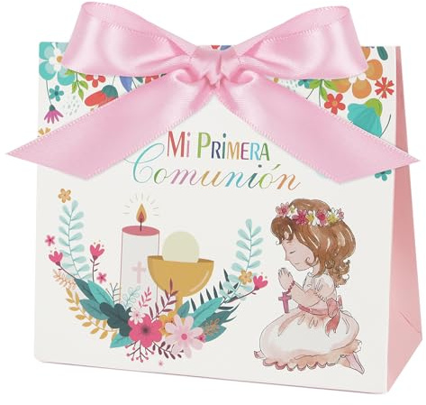 BETESSIN 20 piezas 11,5x4,5x10cm Caja Rosa Mi Primera Comunión, Bolsa Pequeña Regalo Dulces Chocolates Caramelos Galletas Detalle para Fiesta de Comunión Niña