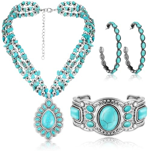 Inbagi 3 Pcs Western Jewelry for Women Bohemian Set, Boho Pendant Long Choker, Faux Leather Layered Bracelet, Dangle Earrings (Vivid Style)