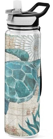Mnsruu Sea Lives Turtle Coral Water Bottle 1L with Straw, Leakproof BPA Free Tritan Drink Bottle, Sport Water Bottle for Men Women Kids