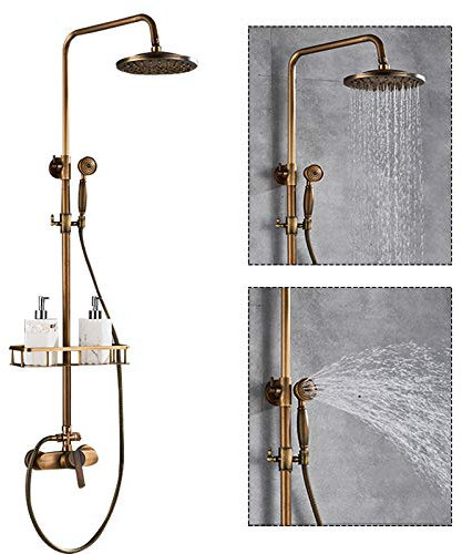 Vintage Messing Duschsystem Antik Gold Finish Höhenverstellbar Duschsäule mit Ablageablage Retro Duschkopf 75 120 cm Höhenverstellung