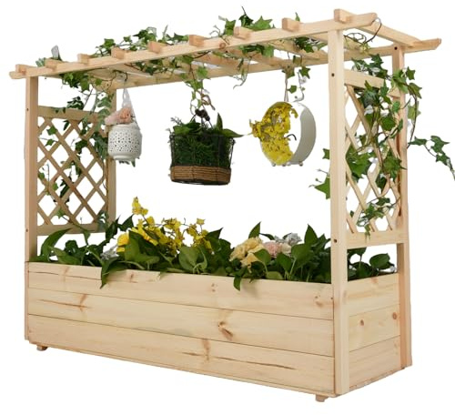 GOPLUS Jardinera Elevada de Madera Maciza con Enrejado y Techo Colgante, Huerto con Orificios de Drenaje para Enredaderas Verdura Fruta Hierbas Flores, Cama de Jardín Exterior Interior (148x50x103cm)
