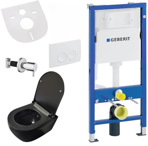 Belvit Wand WC Set spülrandlos Schwarz matt mit Taharet Bidet, Softclose Sitz und Geberit UP100 Vorwandelement Keramik
