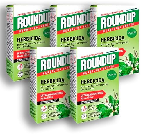 PACK x5 ROUNDUP Herbicida para todo tipo de malas hierbas cubre hasta 108 m2 | 5 Envases de 250ml | Formula Concentrada | Efectos en 1 hora | Elimina hasta 70 especies de hierbas/musgo | Nexum Market