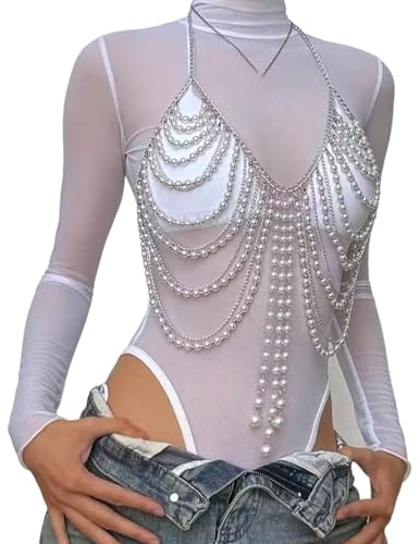 Fazvncv Elegante Körperkette mit Perlen für Damen, modischer Bikinis-Schmuck mit mehrlagigem Design für Party und Hochzeit