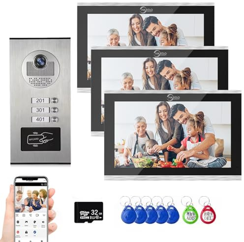 Video Türsprechanlage 4-Draht,7 Zoll Monitor,Live-Ansicht und Konversation,Entsperren durch Monitor APP/Swipe Card,Smarte Video Türklingel mit Kamera & Gegensprechanlage (1 Türklingel + 3 Monitor)
