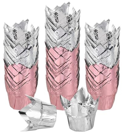 sourcing map 100 pirottini a tulipano per cupcake, muffin, in alluminio, per cupcake, muffin, per matrimoni, feste di compleanno, colore oro rosa/argento