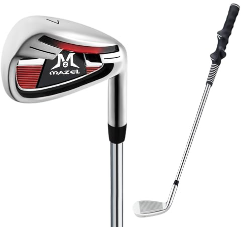 MAZEL Golf 7 Iron Club with Handshape Grip Kids Adult,Golf Swing Trainer Aid for Improve Swing Tempo& Grip Posture (Red, 24.5 In (Kids))