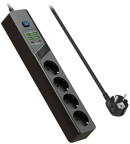 Regleta Enchufes de 4 Tomas con USB, Alargador Enchufe con Interruptor, Extension Electrica Regleta 4 Enchufes, Pared Enchufe Multiple con Proteccion Sobretension y Cable 1.8m para Oficina Casa, Negro