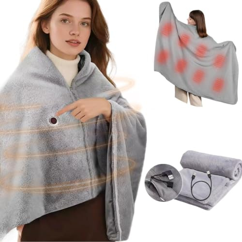 AIRCADIA Kabellose Heizdecke, 2H Auto-Off, 3 Temp Stufen | 8 Zonen, waschbar. Kaninchenfell-Bezug. Umhang für Sofa, Büro, Auto, Camping. 1,5 m Kabel. Decke 150x80 cm