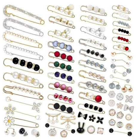 Yeruvce 70 Pièces Broche en Perles, Tendeur de Taille de Pantalon, Épingle de Sûreté, Broches Doubles en Fausses Perles pour Femmes et Filles, Boutons de Dissimulation à la Mode
