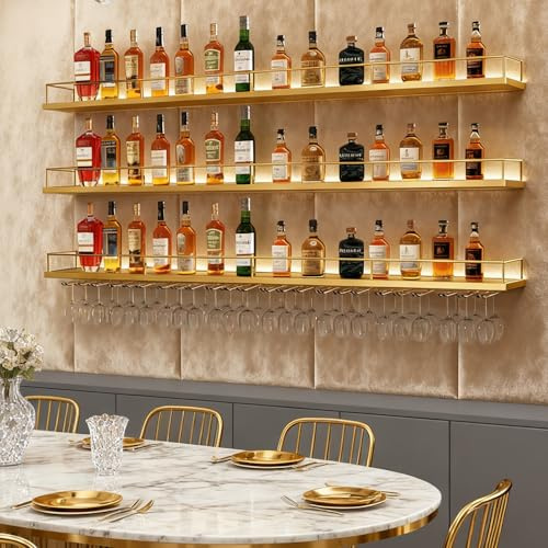FKKPRVAX 100CM Botellero de Pared Industrial Luz LED, 3 Niveles Moderno Botellero de Metal con portavasos de, Multifuncional Estante para Vino Apto para Cocina, Bar, Cafetería y decoración (Oro)