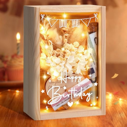 Geldgeschenke Geburtstag, Geldgeschenke Verpackung Geburtstag， inklusive Holzbox + Trockenblumen + LED Lichterkette + Reagenzglas + Geburtstagskarte, Geburtstagsgeschenk für Frauen Männer