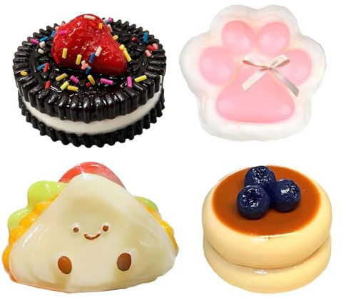 4Pcs Sensory Squishy Toys, Soft Slow Rising Fidget Toys for Office Stress | Cute squishies: cat paw, biscuit, cake, sandwich shapes. Soft, elastic, smooth. Portable for work/travel. Great stress relief