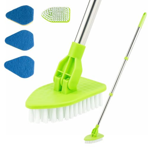 BLUE BAZAAR Bathroom Cleaning Brush Shower Scrubber Telescopic Long Handled Scrubbing Cleaner Mop Scrub Heads for Bathtub Tile Floor Baseboard Sink Kitchen Toilet (Green)