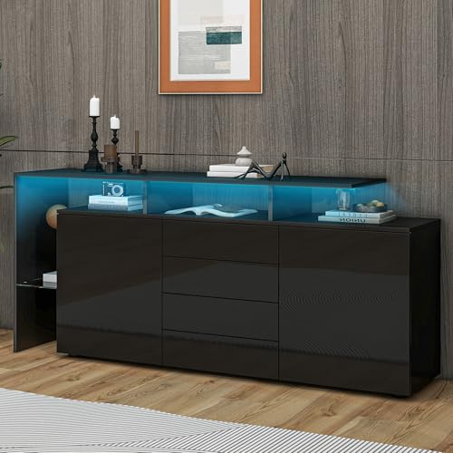 HaoChrymec Buffet Moderne Noir en MDF avec LED, 3 Portes Et 1 Tiroir, Meuble TV, Meuble De Rangement Multifonction pour Salon, Entrée, Salle À Manger, 160x35x70 cm