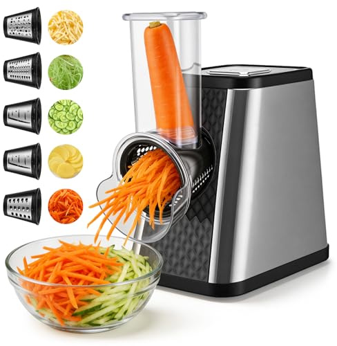 Electric Cheese Grater, 5-in-1 250W Electric Salad Maker, Multi Grater, Fruit Cutter, Vegetable Slicer, Food Processor, Multifunctional Slicer & Shredder for Cheese, Vegetables, and Fruits