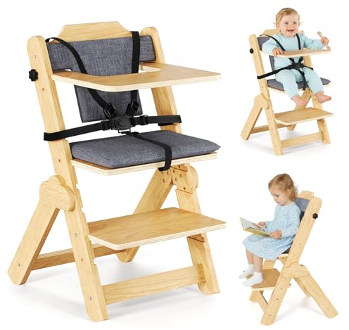 Hochstuhl Baby Massivholz - Kinderhochstuhl mit Sitzkissen, Zusammenklappbarer Baby-Essstuhl für Säuglinge ab 6 Monaten bis zu 25 kg mit Fünf-Punkt-Sicherheitsgurt und Essbrett