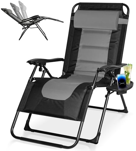 KaO0YaN Sonnenliege Klappbar bis 150kg, Verstellbarer Liegestuhl mit Nackenkissen & Getränkehalter, Ergonomische Gartenliege, Wetterfeste Relaxliege für Garten, Balkon & Strand (grau)