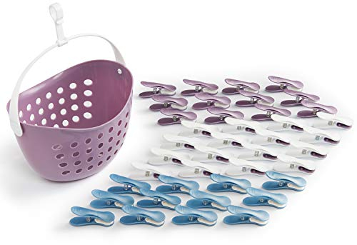 culiclean Clothes Pegs for Washing Line – Clothes Pegs and Bag Set with Peg Basket for Washing Line – Washing Peg and Basket with Hanger – 40 Pegs, 1 Holder – purple-blue-white/purple