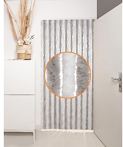 DEFACTO Flauschvorhang Türvorhang 100x210cm Chenille Fliegenschutz Insektenschutz Camping Made in Italy Grau/Weiß