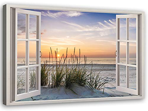 Feeby Bilder - Foto Geschenk - Fensterblick Meer Strand - 90x60 cm 1tlg - Leinwandbilder Wohnzimmer - Wandbild über dem Bett - Bild Schlafzimmer - Aesthetic Zimmer Deko - Modern Pictures