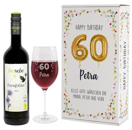 Herz & Heim® Geburtstagsset mit Biorebe Bio-Wein und graviertem Leonardo Weinglas in Geschenkverpackung Rosé, 60. Geburtstag