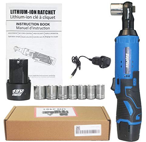 Llave de ángulo de trinquete derecho inalámbrica eléctrica de 3/8 pulgadas, 12 V, 90° 40 N.m, con 2 baterías, llave eléctrica con luz de trabajo LED, 2 baterías de iones de litio de 1500 mAh, 1