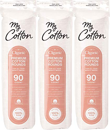 My Cotton Premium Cotton Rounds for Face (3 Pack) | Makeup Remover Pads, Hypoallergenic, Lint-Free | 100% Pure