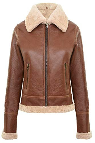 Infinity Leather Damenjacke Echtleder Braun B3 Aviator Piloten Jacke Schaffell