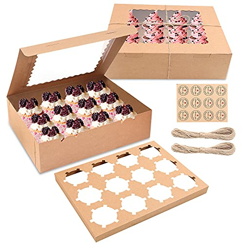 MAMUNU 10PCS Cupcake Boxes 12 Hole, Brown Kraft Bakery Cookie Carrier Boxes Containers Holders with Clear Windows and Removable Inserts - Includes Stickers and Twine String, 32.5 x 24.8 x 9cm