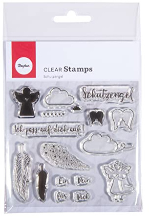 Rayher Clear Stamps Skyddsängel, båge 97 x 102,5 mm, 16 motiv, klar, transparent stämpel, transparent, silikonkonstämpel, 50256000