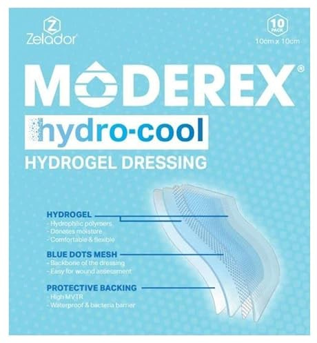 MODEREX Hydrocool Hydrogel-Verband für Verbrennungen, nekrotische Wunden, reduziert Schmerzlinderung, 10 x 10 cm