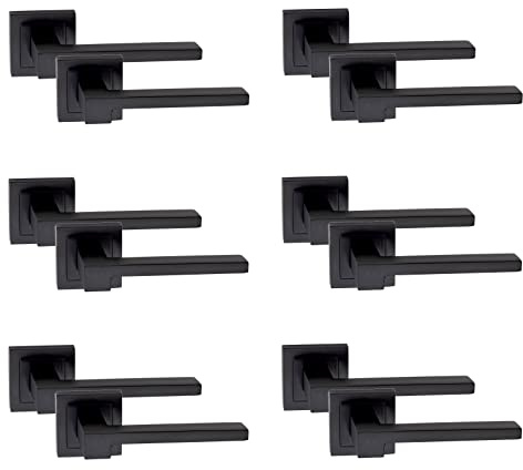 Golden Grace Zeta Lever Latch Door Handles on Square Backplate, Matt Black | Supplied as a 6-pair set complete with spindles and fixing screws. Metal construction fits internal wooden doors.