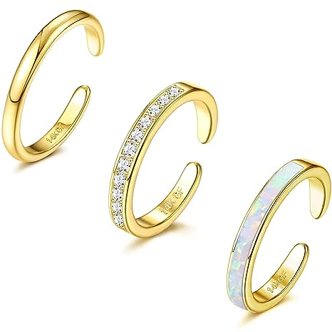 Diamday 3PCS 14K Goldgefüllt Zehenringe für Damen Verstellbare Offen Zehenring Set Fingerring Toe Ring Niedlich Opal CZ Blume Einfach Zehenringe Schwanzband Ringe Strand Sommer Fuß Schmuck Silber Gold