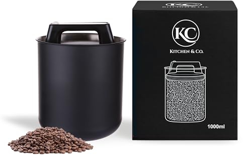 Barattolo ermetico per caffè in grani da 250 g, con coperchio sottovuoto, contenitore per caffè, tè, latta in acciaio inox con chiusura aroma, barattolo per caffè da 250 g, nero opaco (1000 ml)