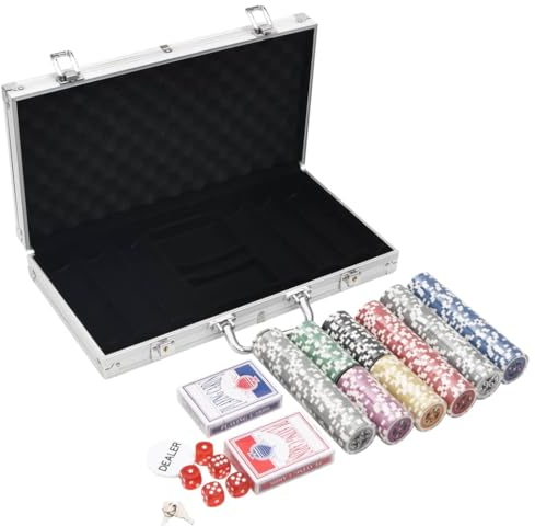 vidaXL Pokerchips Set 300 STK., Pokerkoffer mit Buttons Chips Würfeln, Pokerset Spielkarten Set mit Tragekoffer, Jetons Komplettset, 11,5 g