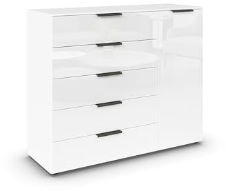Rauch Möbel Flipp, Kommode für Schlafzimmer, Kinderzimmer, Wohnzimmer, Jugendzimmer, Flur, Garderobe, 1-türig, 5 Schubladen, mit Softclose-Funktion, Farbe Glas Weiß, Breite 120 cm